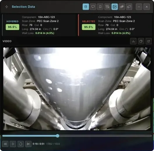 Helios selection data panel with PEC readings and inspection video for the clicked location