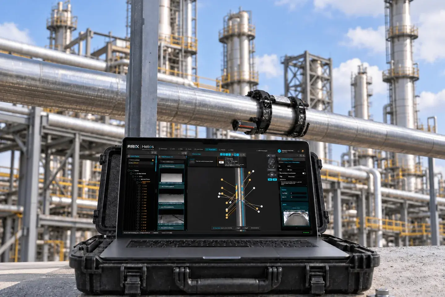 ARIX inspection robot on insulated refinery piping beside a rugged laptop running Helios
