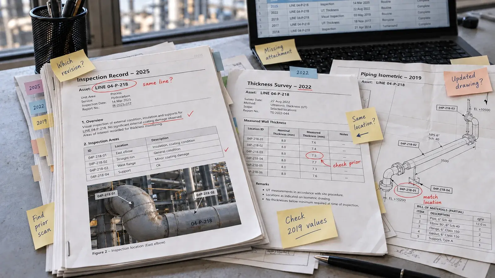Stacked paper inspection records and thickness surveys covered in handwritten markups and sticky notes