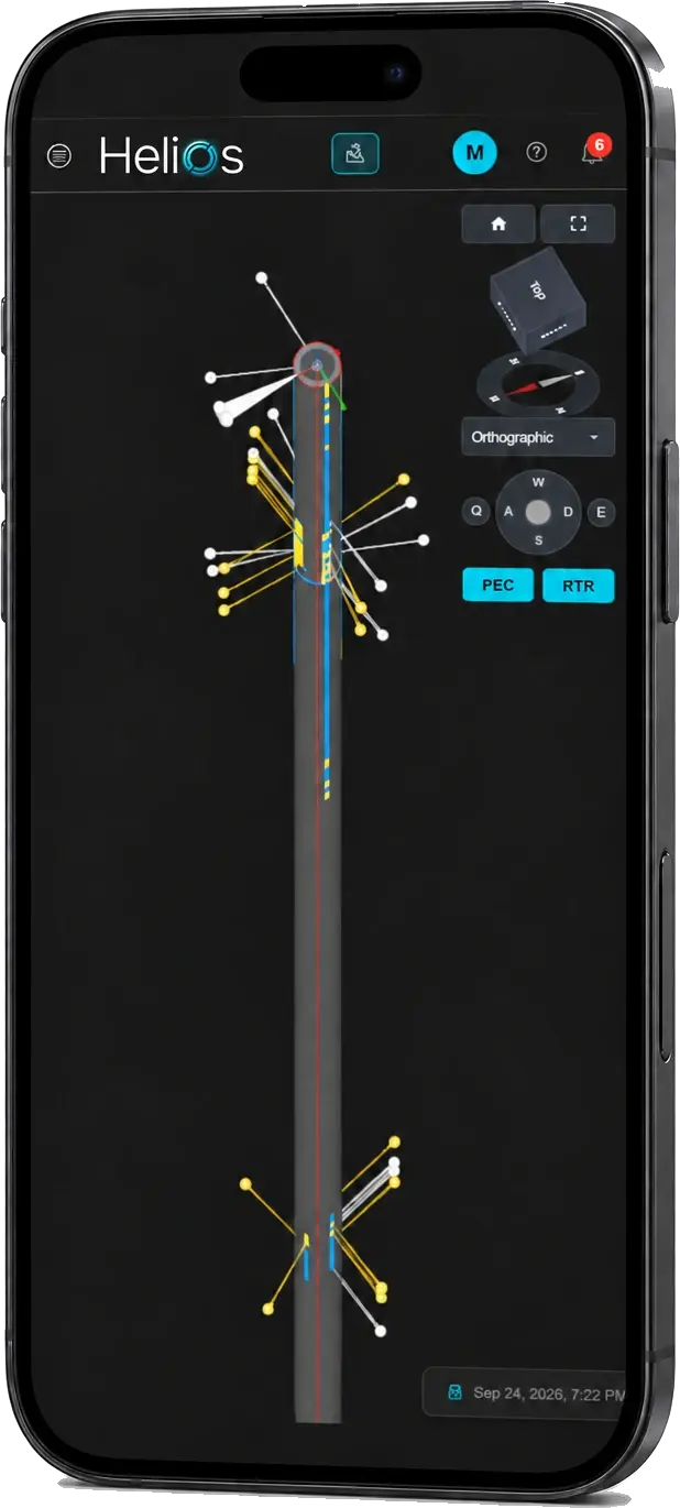 Helios on a phone, showing a piping circuit with inspection callouts