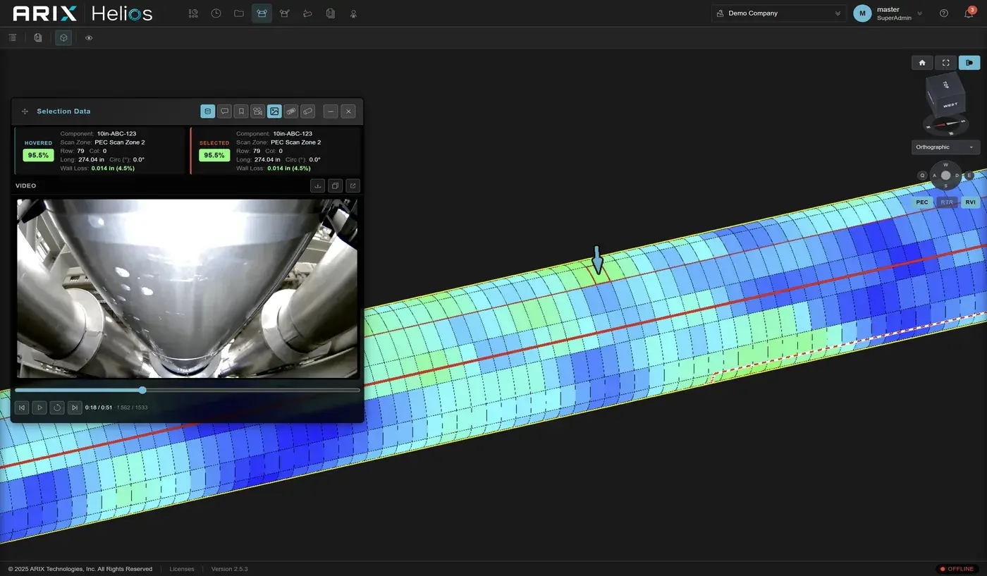 Helios 3D pipe model with PEC readings and inspection video for the selected location