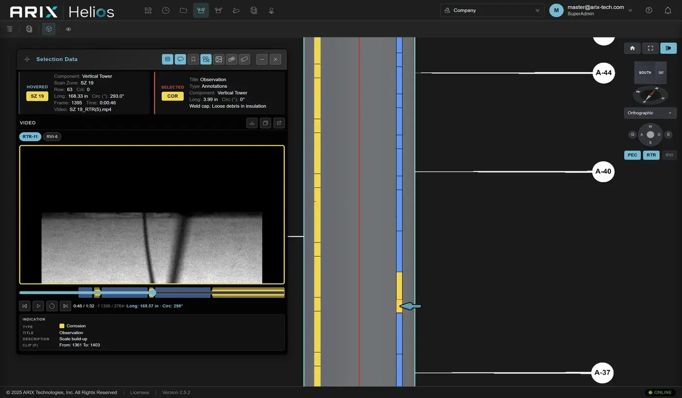 Helios RTR video playback for an indication on a vertical pipe run