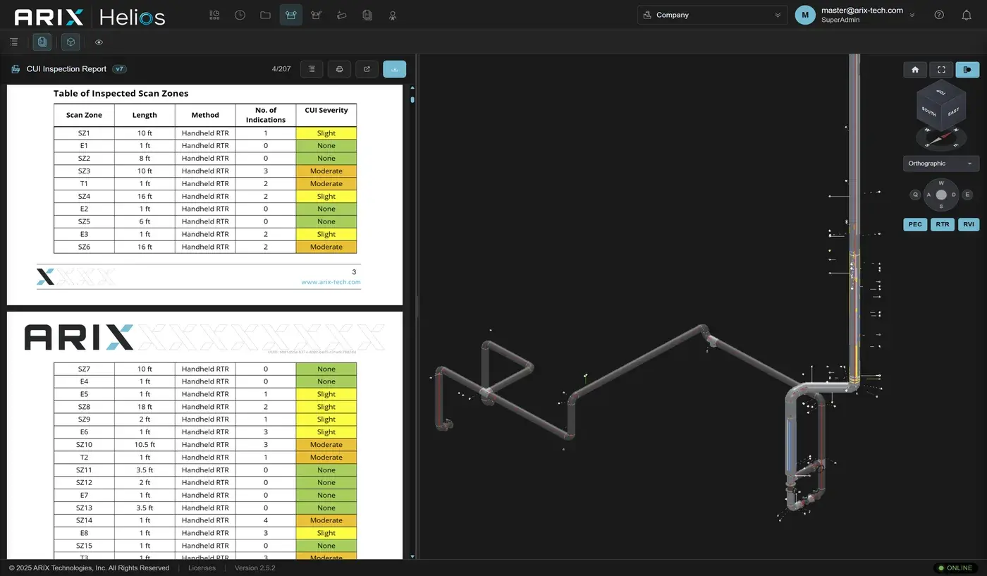 Helios summary of results report beside the 3D model of an elbow