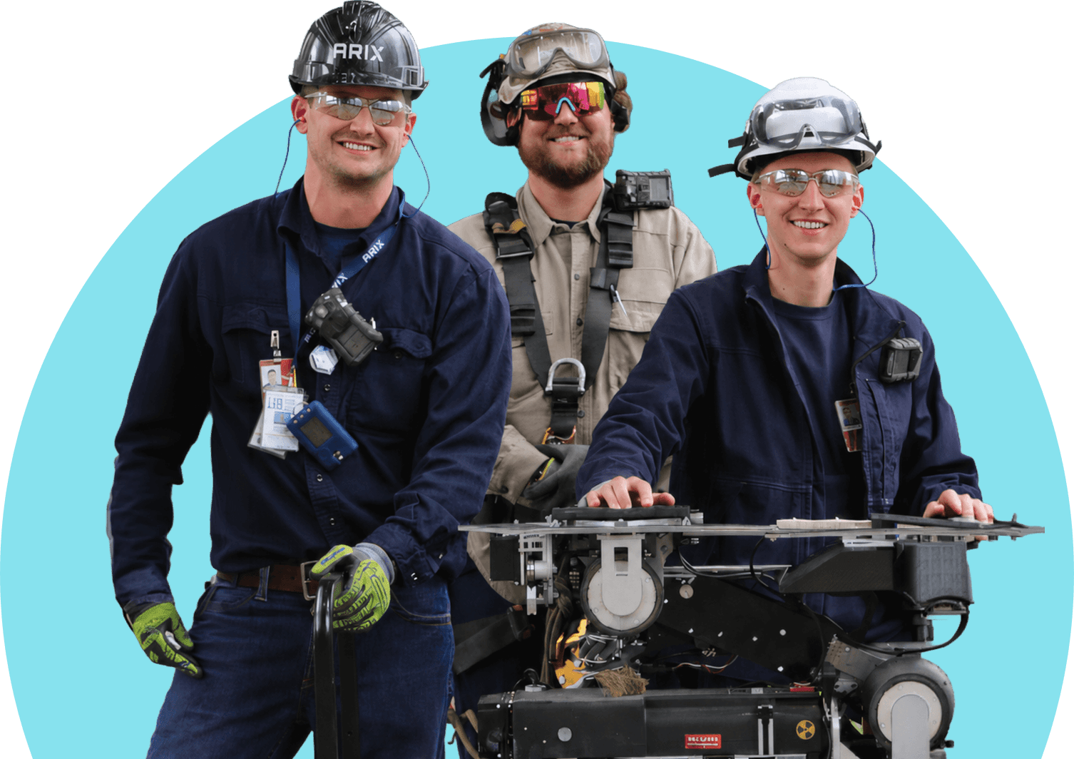 Three ARIX field engineers in PPE with an inspection robot